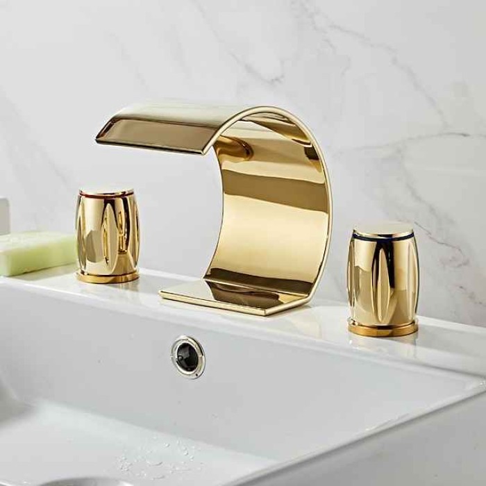 Widespread Bathroom Sink Mixer Faucet, Waterfall Arc Spout Brass 3 Hole 2 Handle Basin Tap Deck Mounted, Washroom Basin Vessel Water Tap with Hot and Cold Hose