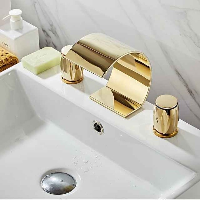 Widespread Bathroom Sink Mixer Faucet, Waterfall Arc Spout Brass 3 Hole 2 Handle Basin Tap Deck Mounted, Washroom Basin Vessel Water Tap with Hot and Cold Hose