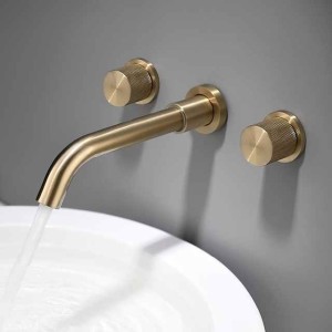 Bathroom Sink Faucet,Wall Mounted Brass Luxury Brushed Gold Finish Widespread Washroom Faucet Two Handles Three Holes Basin Sink Mixer Tap with Hot and Cold Switch