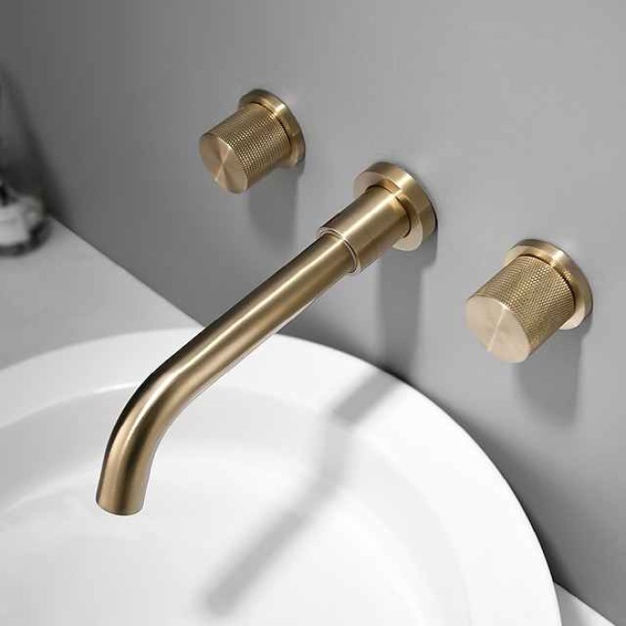 Bathroom Sink Faucet,Wall Mounted Brass Luxury Brushed Gold Finish Widespread Washroom Faucet Two Handles Three Holes Basin Sink Mixer Tap with Hot and Cold Switch