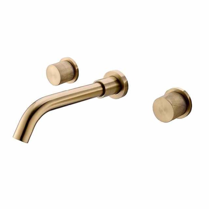 Bathroom Sink Faucet,Wall Mounted Brass Luxury Brushed Gold Finish Widespread Washroom Faucet Two Handles Three Holes Basin Sink Mixer Tap with Hot and Cold Switch