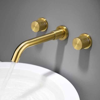 Bathroom Sink Faucet,Brass Wall Mounted Double Handles Brushed Luxury Design Brushed Gold Finish Widespread Washroom Faucet with Hot and Cold Switch