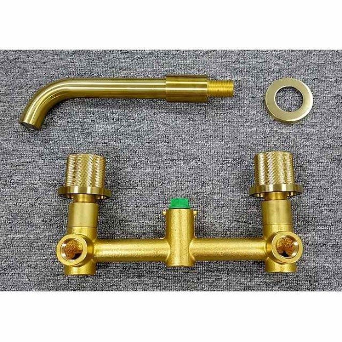 Bathroom Sink Faucet,Brass Wall Mounted Double Handles Brushed Luxury Design Brushed Gold Finish Widespread Washroom Faucet with Hot and Cold Switch