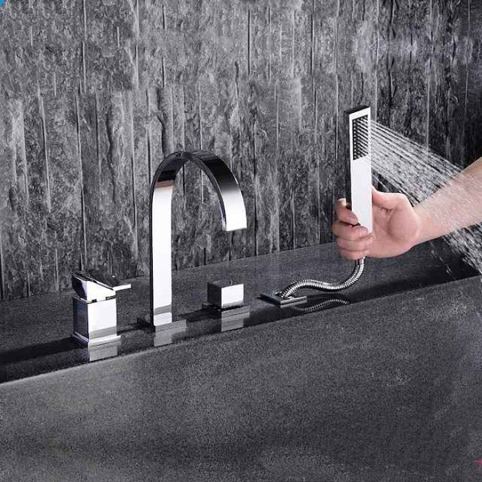 Bathtub Faucet Deck Mounted, Widespread Bathroom Faucet Bath Roman Tub Filler Mixer Tap Brass, 4 Hole 2 Handle Shower Sprayer with Cold Hot Water Hose