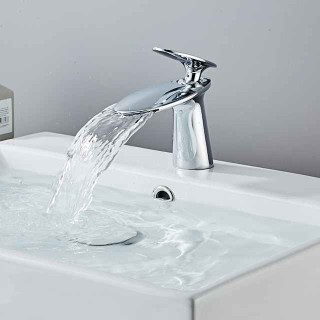 Bathroom Sink Faucet, Brass Waterfall Single Handle One Hole Modern Style Bath Taps with Hot and Cold Water