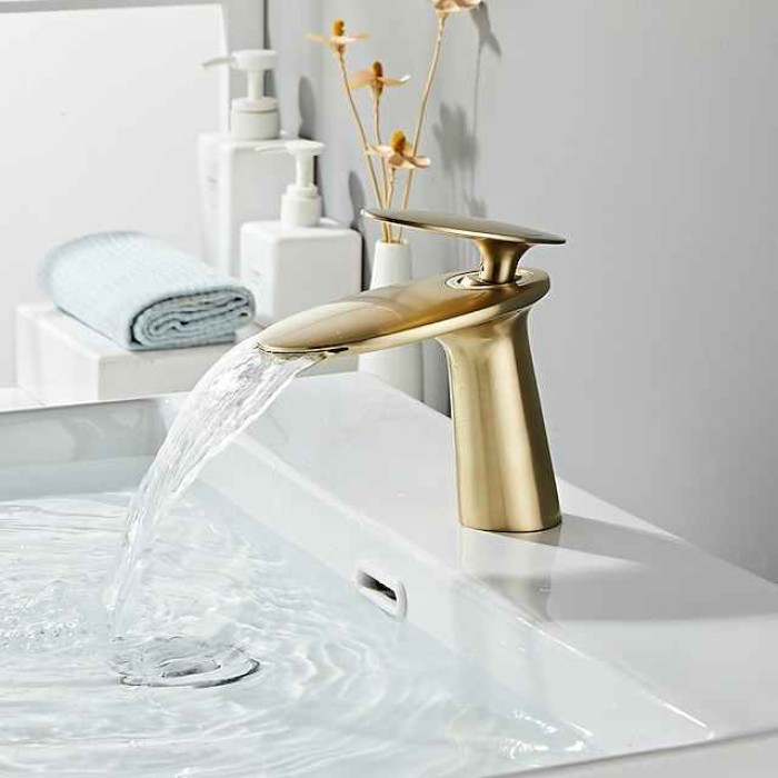 Bathroom Sink Faucet, Brass Waterfall Single Handle One Hole Modern Style Bath Taps with Hot and Cold Water