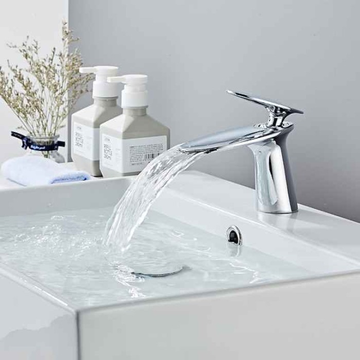 Bathroom Sink Faucet, Brass Waterfall Single Handle One Hole Modern Style Bath Taps with Hot and Cold Water