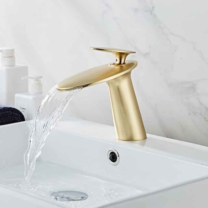 Bathroom Sink Faucet, Brass Waterfall Single Handle One Hole Modern Style Bath Taps with Hot and Cold Water