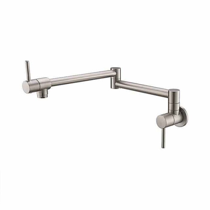 Pot Filler Kitchen Faucet Brushed Nickel, Foldable Sink Only Cold Water Taps, Wall Mount Brass Folding Fill Pot Kitchen Tap Double Joint Swing Arm Single Hole 2 Handle