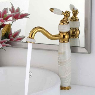 Bathroom Sink Faucet Ultra Faucets Euro Collection Gold with Stone Single Handle - One Hole Tall Body Deck Mount Lavatory Vessel Sink Faucet With Curved Spout