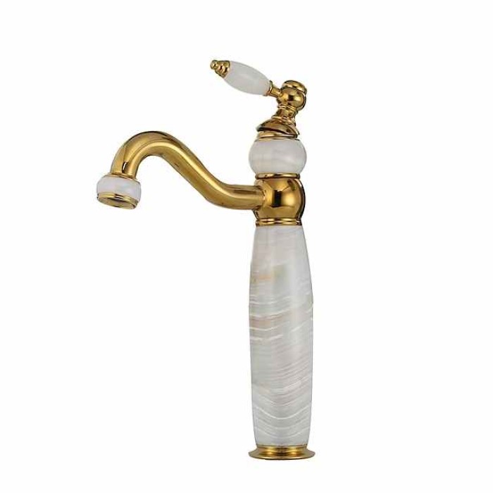 Bathroom Sink Faucet Ultra Faucets Euro Collection Gold with Stone Single Handle - One Hole Tall Body Deck Mount Lavatory Vessel Sink Faucet With Curved Spout