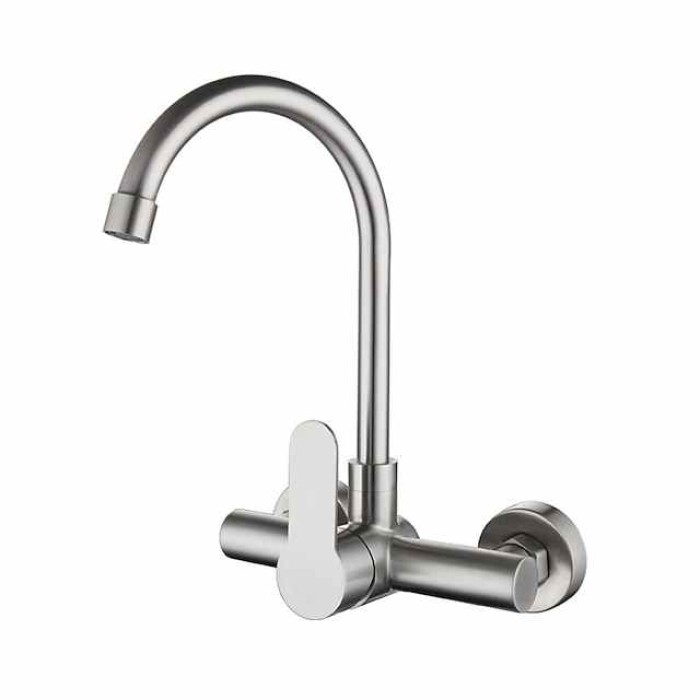 Kitchen Faucet,Stainless Steel Rotatable Wall Mounted Single Handle Two Holes Kitchen Taps with Hot and Cold Switch