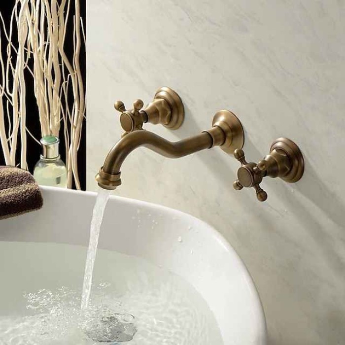 Bathtub Faucet - Retro Antique Brass Wall Installation Ceramic Valve Bath Shower Mixer Taps