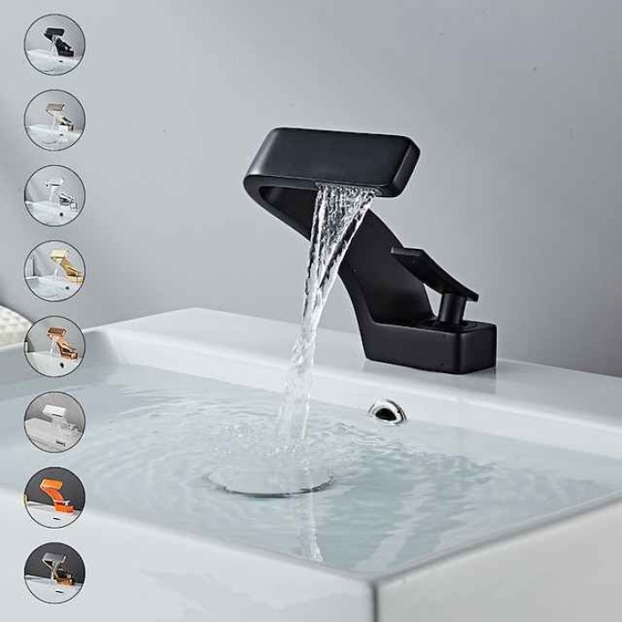 Bathroom Sink Faucet Single Handle One Hole Waterfall Mixer Basin Taps Brass, 7-shaped Bend Vessel Tap Chrome Brushed Black Gold