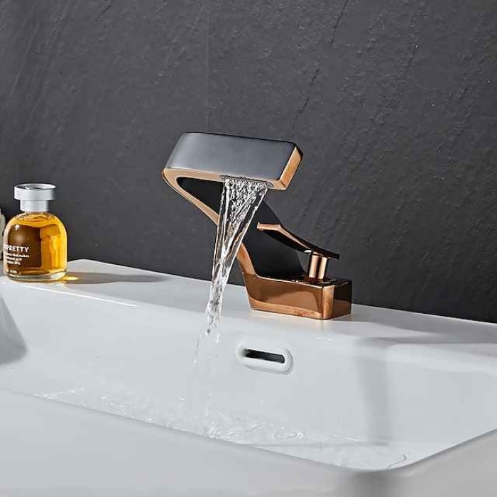 Bathroom Sink Faucet Single Handle One Hole Waterfall Mixer Basin Taps Brass, 7-shaped Bend Vessel Tap Chrome Brushed Black Gold