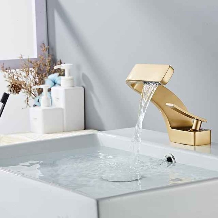 Bathroom Sink Faucet Single Handle One Hole Waterfall Mixer Basin Taps Brass, 7-shaped Bend Vessel Tap Chrome Brushed Black Gold