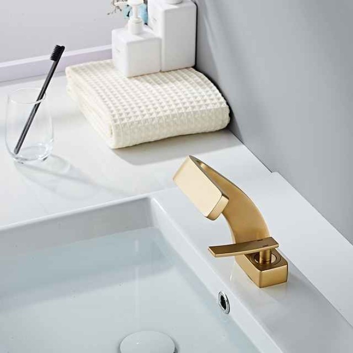 Bathroom Sink Faucet Single Handle One Hole Waterfall Mixer Basin Taps Brass, 7-shaped Bend Vessel Tap Chrome Brushed Black Gold