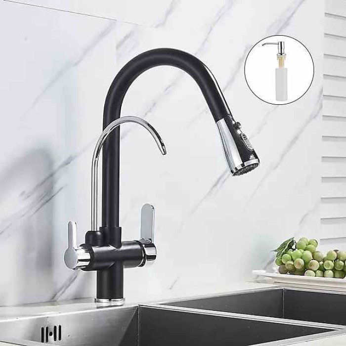 Kitchen Sink Mixer Faucet Pull Out Sprayer with Soap Dispenser, 360 swivel Black Single Handle Brass Taps Pull Down, Deck Mounted Hot Cold Water Hose Filter Tap