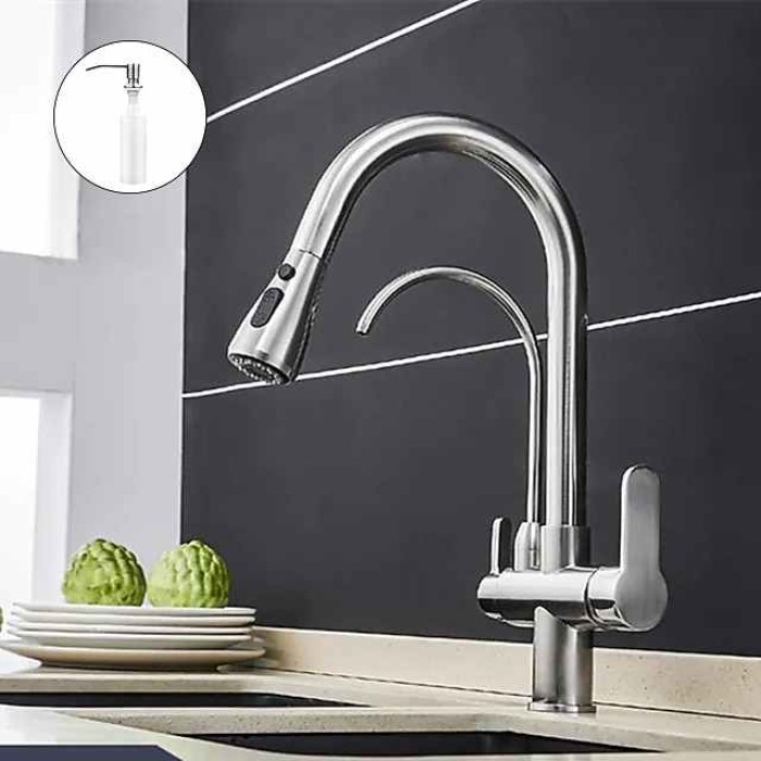 Kitchen Sink Mixer Faucet Pull Out Sprayer with Soap Dispenser, 360 swivel Black Single Handle Brass Taps Pull Down, Deck Mounted Hot Cold Water Hose Filter Tap