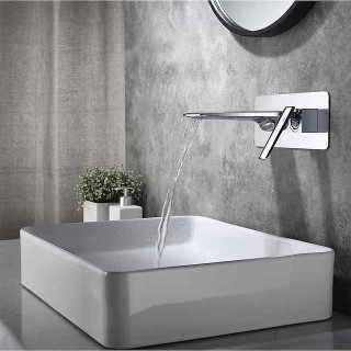 Brass Wall Mounted Bathroom Sink Faucet,Black/Silvery Waterfall Painted Finishes Bath Taps with Hot and Cold Switch