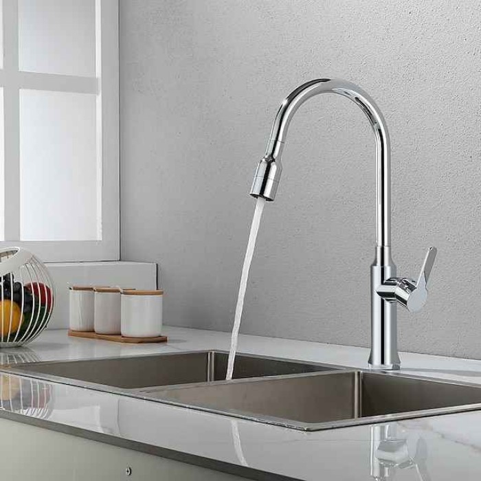 Kitchen Sink Mixer Faucet Tall with Pull Out Sprayer, 360 Swivel Single Handle High Arc Kitchen Taps Deck Mounted, One Hole Brass Kitchen Sink Faucet Water Vessel Taps