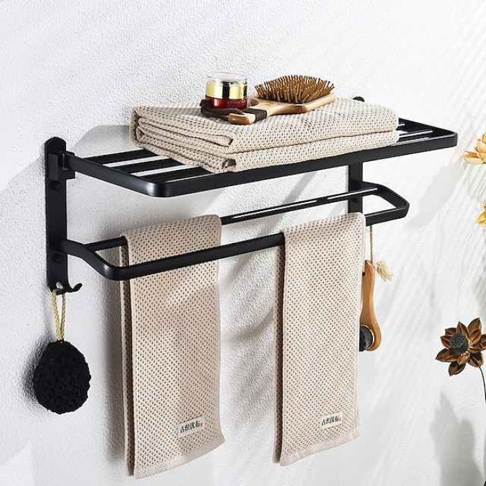 Multifunction Towel Bar New Design Modern Aluminum Bathroom Shelf Wall Mounted Matte Black 1PC