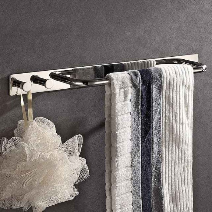 Bathroom Shelf with 2 Hooks Multifunctional Towel Bar Self-adhesive Wall Mounted Stainless Steel Silvery 1pc