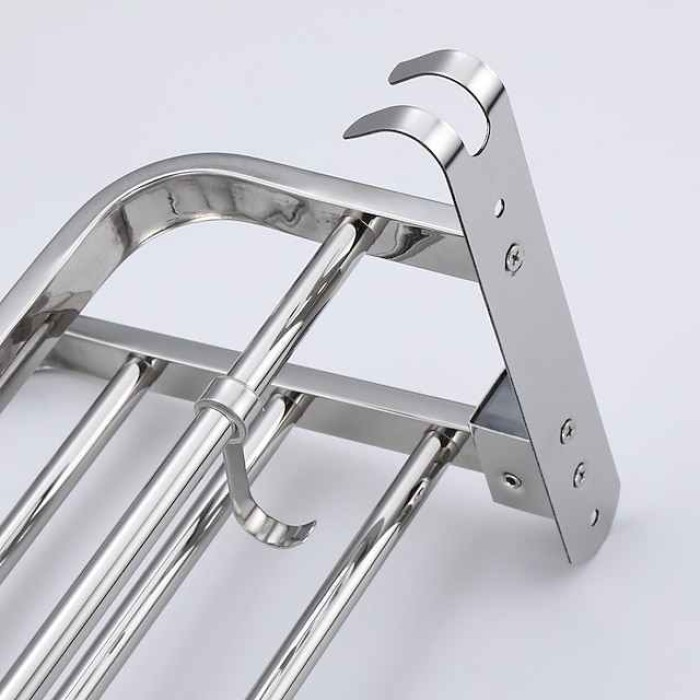 Multifunction Towel Rail Rack Holder Foldable Modern Stainless Steel Bathroom Shelf with Hooks Wall Mounted Silvery 1pc