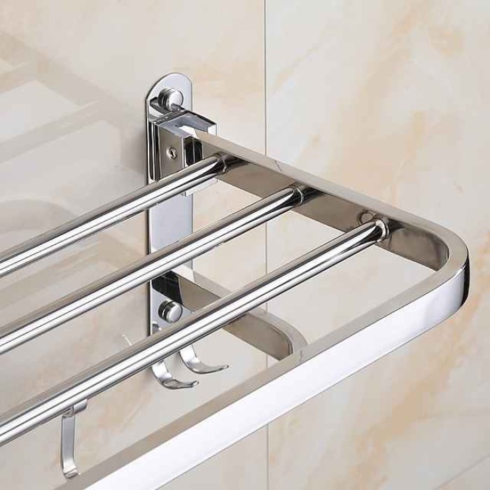 Multifunction Towel Rail Rack Holder Foldable Modern Stainless Steel Bathroom Shelf with Hooks Wall Mounted Silvery 1pc