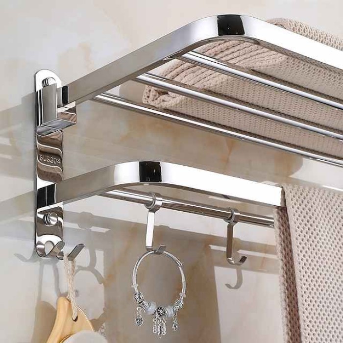 Multifunction Towel Rail Rack Holder Foldable Modern Stainless Steel Bathroom Shelf with Hooks Wall Mounted Silvery 1pc