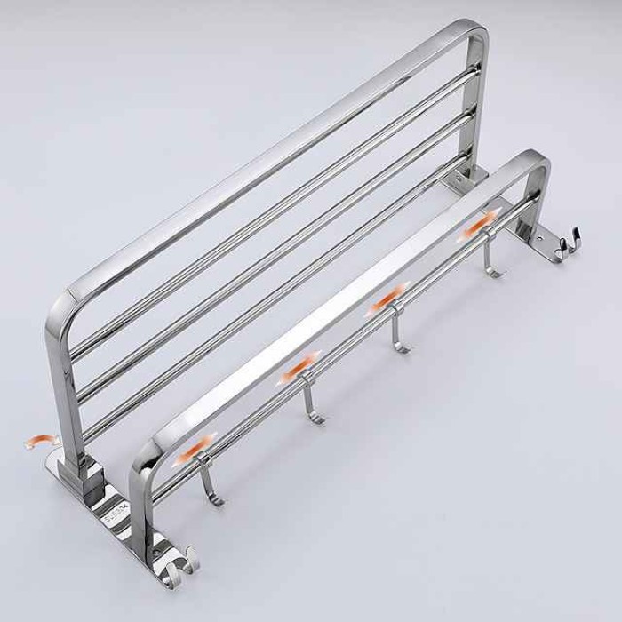 Multifunction Towel Rail Rack Holder Foldable Modern Stainless Steel Bathroom Shelf with Hooks Wall Mounted Silvery 1pc