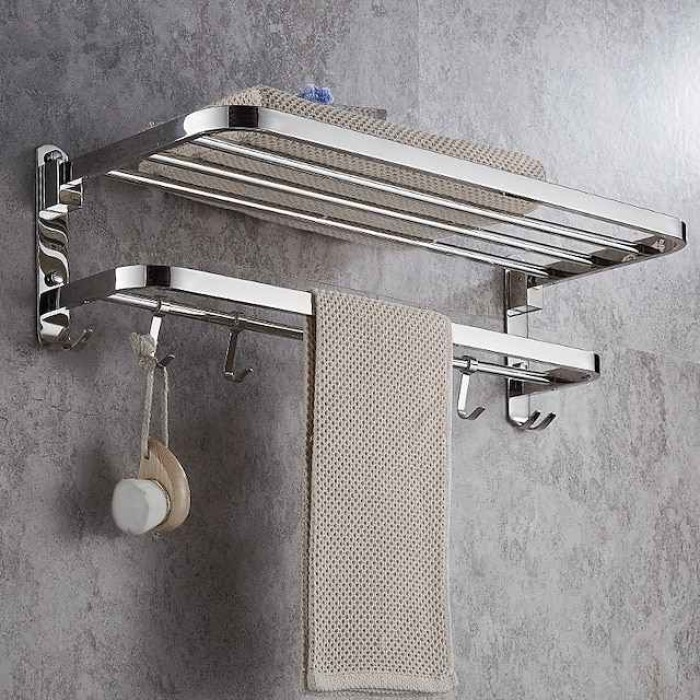 Multifunction Towel Rail Rack Holder Foldable Modern Stainless Steel Bathroom Shelf with Hooks Wall Mounted Silvery 1pc