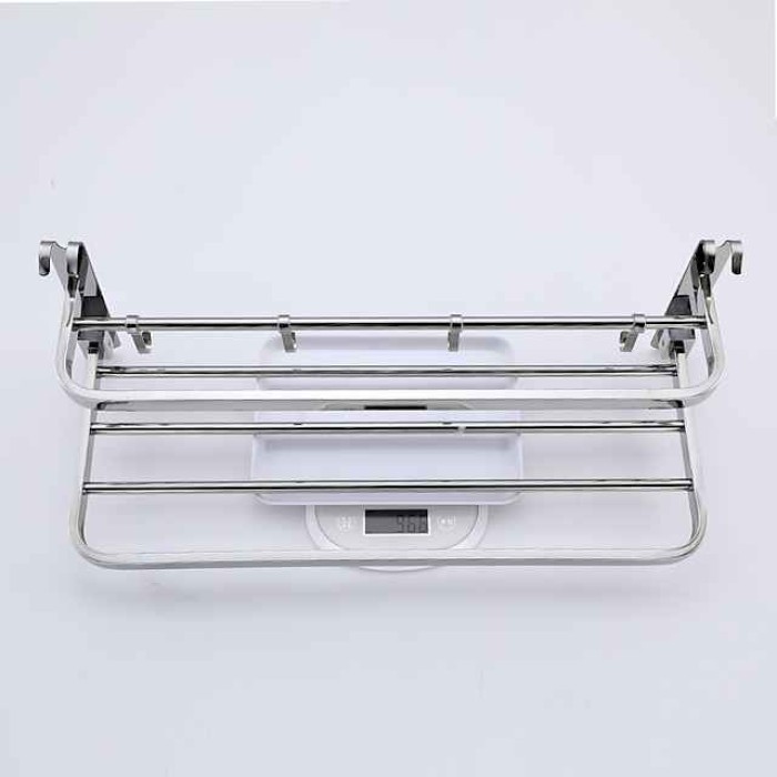 Multifunction Towel Rail Rack Holder Foldable Modern Stainless Steel Bathroom Shelf with Hooks Wall Mounted Silvery 1pc