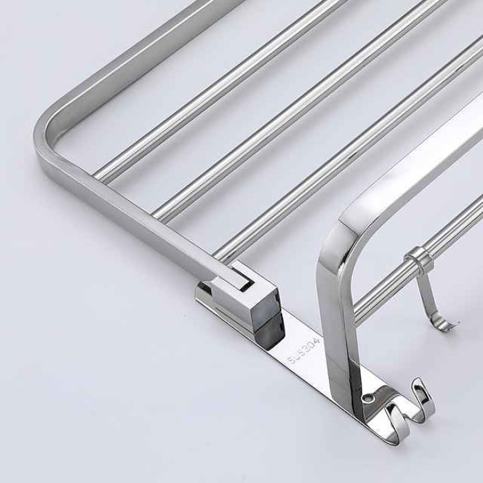 Multifunction Towel Rail Rack Holder Foldable Modern Stainless Steel Bathroom Shelf with Hooks Wall Mounted Silvery 1pc