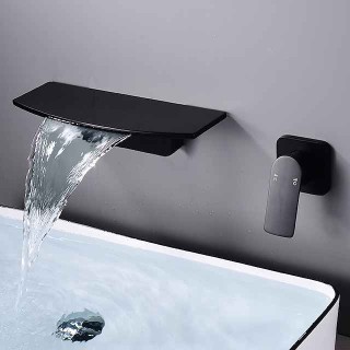 Wall Mount Bathroom Sink Mixer Faucet Brass, Waterfall Basin Taps Wall Mounted Single Handle One Hole Tap with Hot and Cold Hose Black White Electroplated