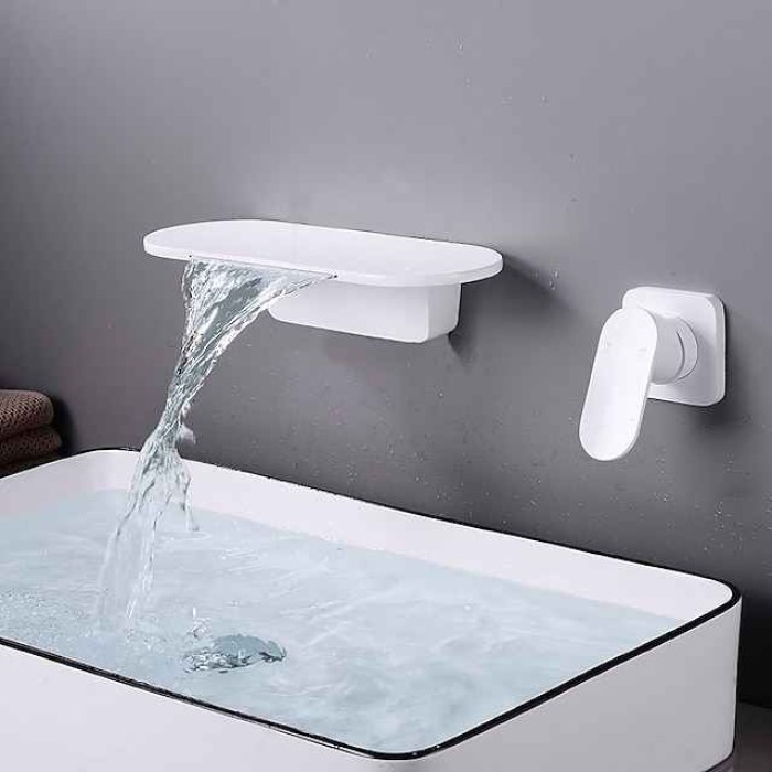 Wall Mount Bathroom Sink Mixer Faucet Brass, Waterfall Basin Taps Wall Mounted Single Handle One Hole Tap with Hot and Cold Hose Black White Electroplated