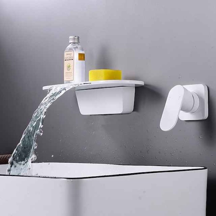 Wall Mount Bathroom Sink Mixer Faucet Brass, Waterfall Basin Taps Wall Mounted Single Handle One Hole Tap with Hot and Cold Hose Black White Electroplated