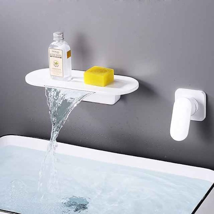 Wall Mount Bathroom Sink Mixer Faucet Brass, Waterfall Basin Taps Wall Mounted Single Handle One Hole Tap with Hot and Cold Hose Black White Electroplated