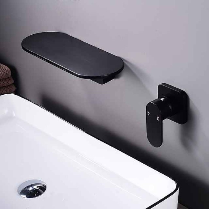 Wall Mount Bathroom Sink Mixer Faucet Brass, Waterfall Basin Taps Wall Mounted Single Handle One Hole Tap with Hot and Cold Hose Black White Electroplated