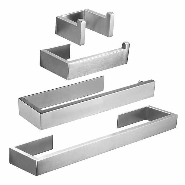 Bathroom Hardware Accessory Set Include Robe Hook, Towel Bar, Towel Holder, Toilet Paper Holder, Self-adhesive Brushed Stainless Steel Silvery