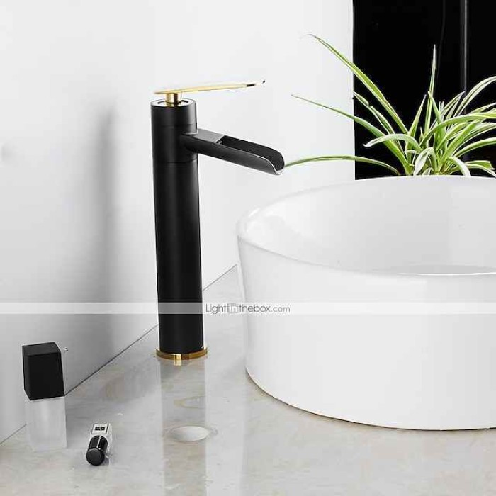 Waterfall Bathroom Sink Mixer Faucet Tall, Antique Brass Single Handle Basin Taps with Cold and Hot Hose