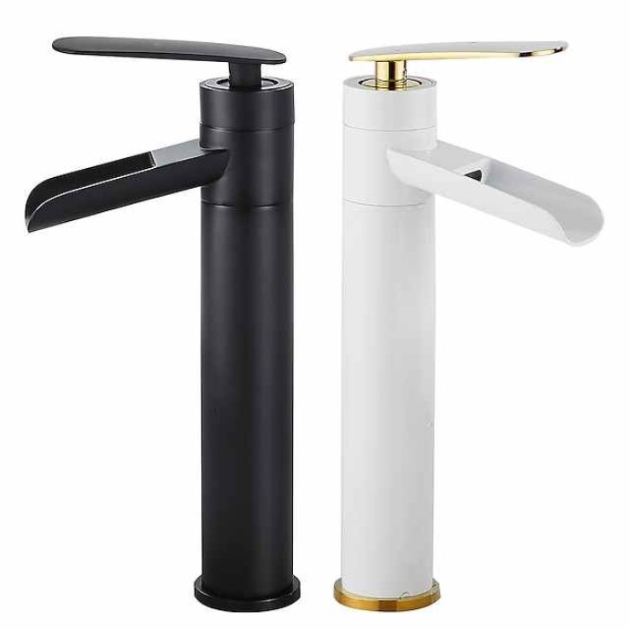 Waterfall Bathroom Sink Mixer Faucet Tall, Antique Brass Single Handle Basin Taps with Cold and Hot Hose