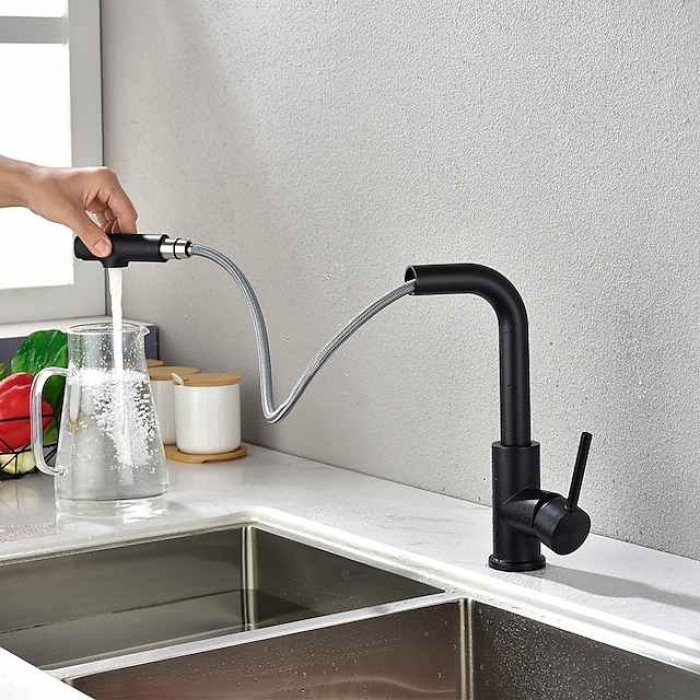 Kitchen Sink Faucet Black Single Handle One Hole Electroplated Pull-out / Pull-down Centerset Contemporary Kitchen Taps with Stream and Shower Modes