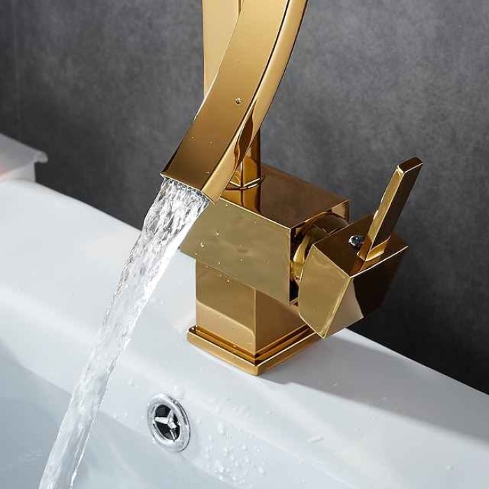 Waterfall Bathroom Sink Mixer Faucet, 360 Rotating Basin Vessel Tap Single Handle Irregular Creative Design Brushed Nickel/Chrome/Matte Black/Golden Sink Tap with Hot and Cold Water Hose