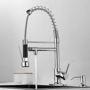 Kitchen Faucet with Pullout Spray and Soap Dispenser Sets Single Handle Two Holes Pull Out/Rotatable/Multifunction Standard Spout, Brass Tall-High Arc Deck Mounted Kitchen Faucet