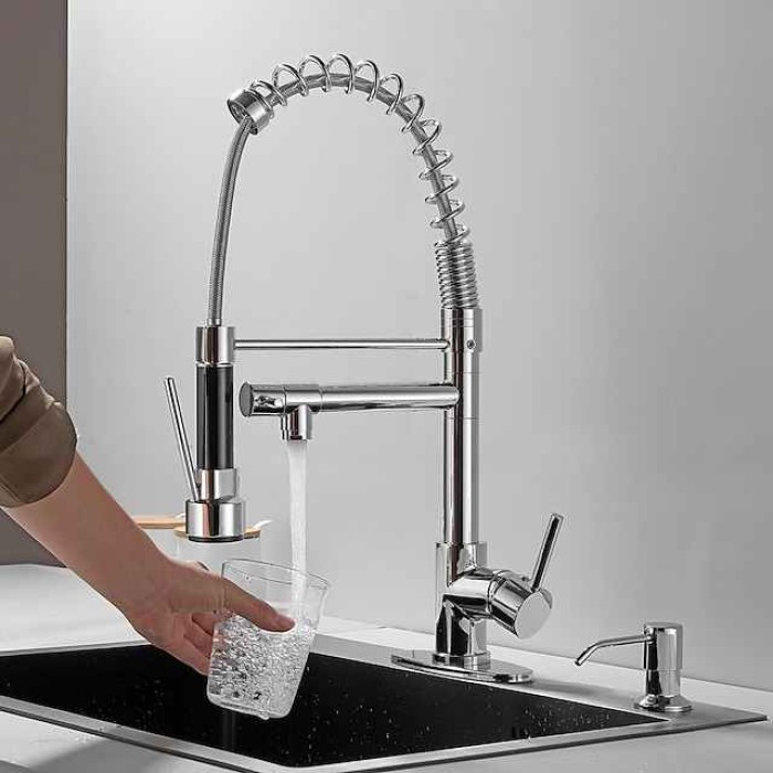 Kitchen Faucet with Pullout Spray and Soap Dispenser Sets Single Handle Two Holes Pull Out/Rotatable/Multifunction Standard Spout, Brass Tall-High Arc Deck Mounted Kitchen Faucet