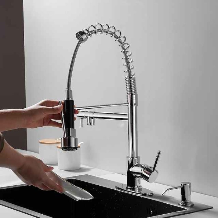 Kitchen Faucet with Pullout Spray and Soap Dispenser Sets Single Handle Two Holes Pull Out/Rotatable/Multifunction Standard Spout, Brass Tall-High Arc Deck Mounted Kitchen Faucet