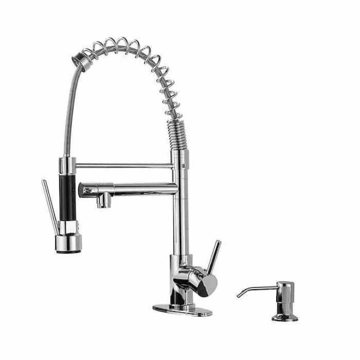 Kitchen Faucet with Pullout Spray and Soap Dispenser Sets Single Handle Two Holes Pull Out/Rotatable/Multifunction Standard Spout, Brass Tall-High Arc Deck Mounted Kitchen Faucet