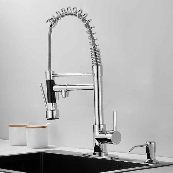 Kitchen Faucet with Pullout Spray and Soap Dispenser Sets Single Handle Two Holes Pull Out/Rotatable/Multifunction Standard Spout, Brass Tall-High Arc Deck Mounted Kitchen Faucet