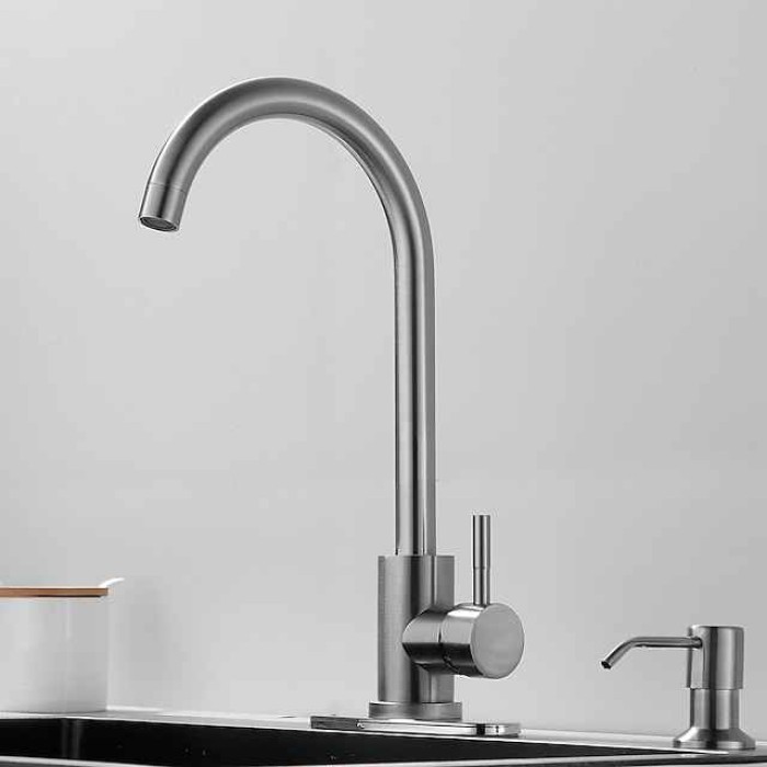 Stainless Steel Deck Mounted Kitchen Faucet, Brushed Multi-function Rotatable Kitchen Faucet with Hot and Cold Switch